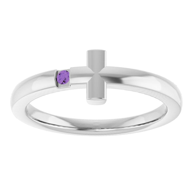 14K Gold Round Natural Amethyst Youth Sideways Cross Ring - White Gold - view 11