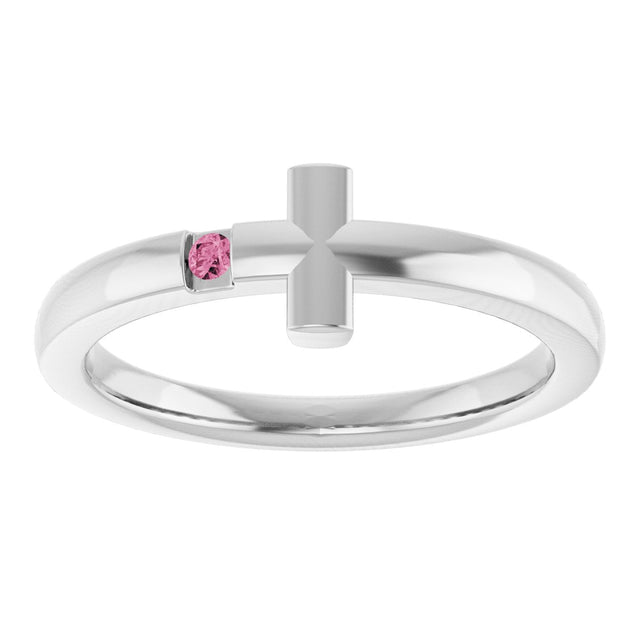 14K Gold Round Natural Pink Tourmaline Youth Sideways Cross Ring - White Gold - view 11