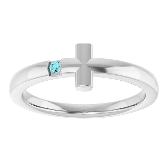 14K Gold Round Natural Blue Zircon Youth Sideways Cross Ring - White Gold - view 11