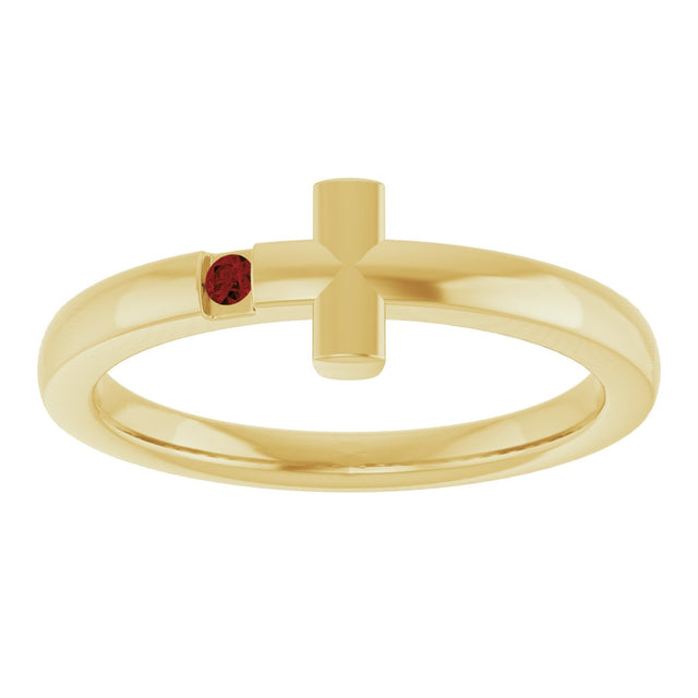 14K Gold Round Natural Mozambique Garnet Youth Sideways Cross Ring - Yellow Gold - view 11