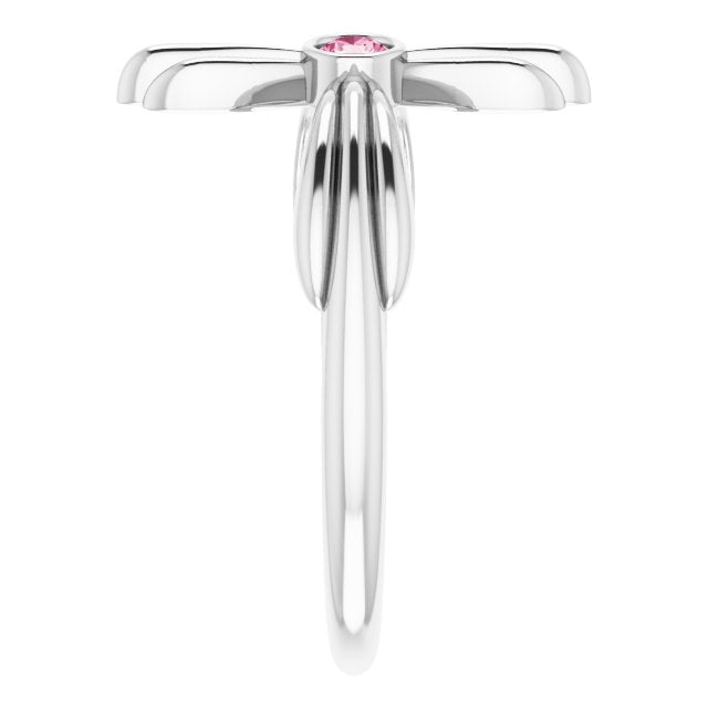 14K Gold Round Natural Pink Tourmaline Sideways Cross Ring – 2.5mm Stones - White Gold - view 9