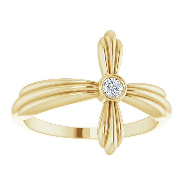 14K Gold Round Natural White Sapphire Sideways Cross Ring - Yellow Gold - view 8