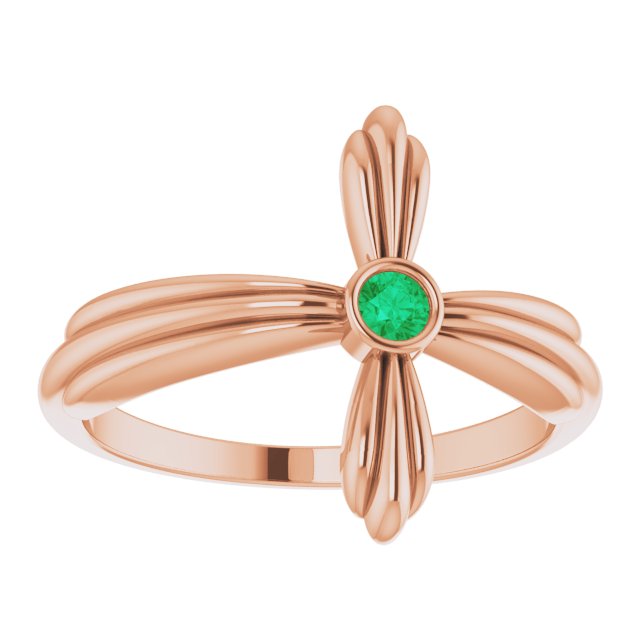 14K Gold Round Natural Emerald Sideways Cross Ring – 2.5mm Stones - Rose Gold - view 8