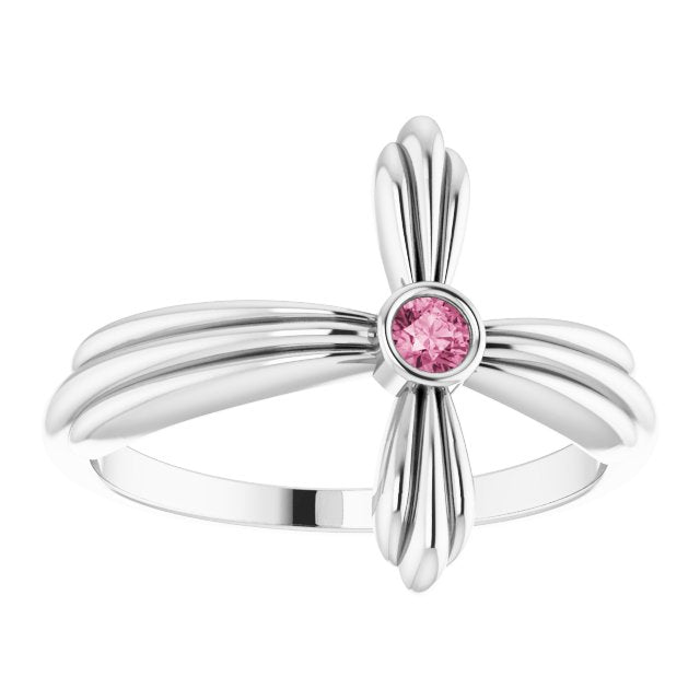 14K Gold Round Natural Pink Tourmaline Sideways Cross Ring – 2.5mm Stones - White Gold - view 8