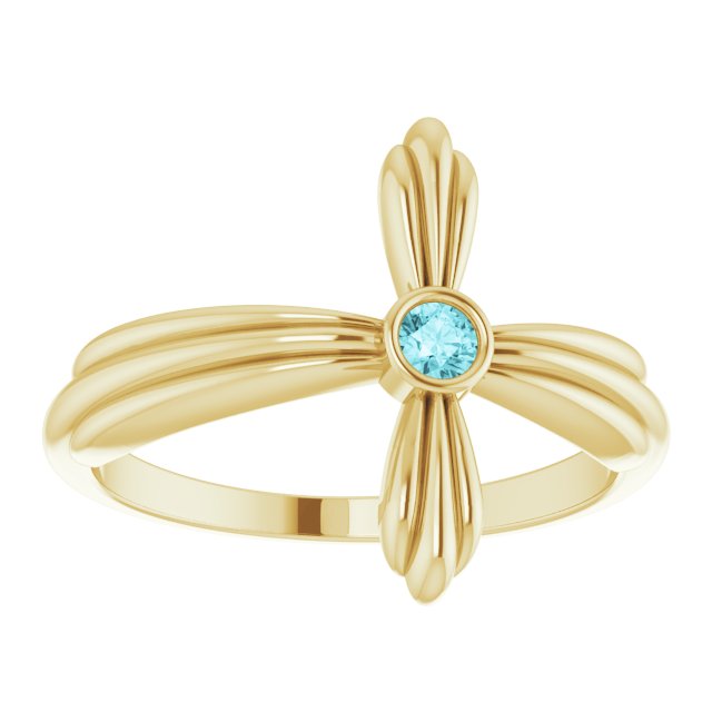 14K Gold Round Natural Blue Zircon Sideways Cross Ring – 2.5mm Stones - Yellow Gold - view 8