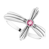 14K Gold Round Natural Pink Tourmaline Sideways Cross Ring – 2.5mm Stones - White Gold - view 10