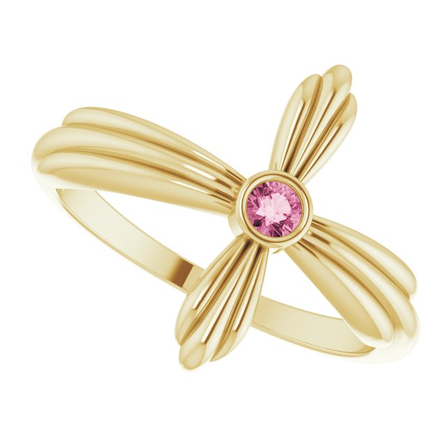 14K Gold Round Natural Pink Tourmaline Sideways Cross Ring – 2.5mm Stones - Yellow Gold - view 10