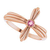 14K Gold Round Natural Pink Tourmaline Sideways Cross Ring – 2.5mm Stones - Rose Gold - view 10