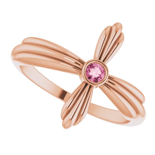 14K Gold Round Natural Pink Tourmaline Sideways Cross Ring – 2.5mm Stones - Rose Gold - view 10
