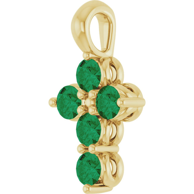 14K Gold Round Natural Emerald Accented Cross Necklace or Pendant - Yellow Gold - view 9