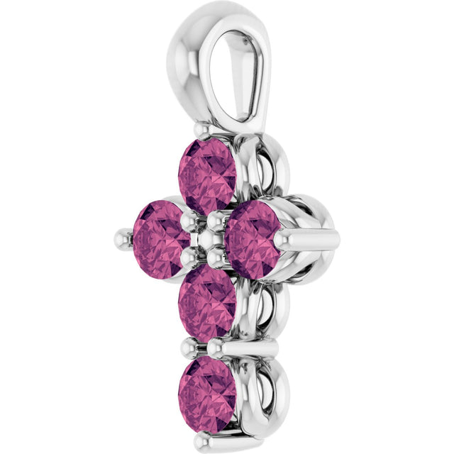 14K Gold Round Natural Pink Tourmaline Accented Cross Necklace or Pendant - White Gold - view 8
