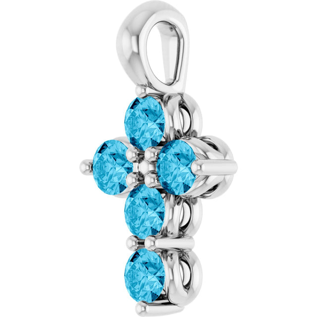 Platinum Round Natural Aquamarine Accented Cross Necklace or Pendant - view 9