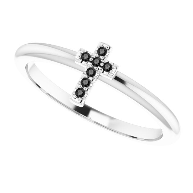 Platinum Round Natural Black Diamond Accented Stackable Cross Ring - view 10