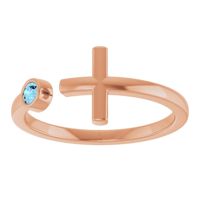14K Gold Round Natural Aquamarine Negative Space Cross Ring - Rose Gold - view 13