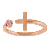 14K Gold Round Natural Pink Tourmaline Negative Space Cross Ring - Rose Gold - view 13