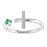 14K Gold Round Natural Emerald Negative Space Cross Ring - White Gold - view 13