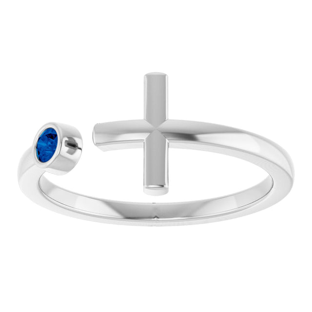 14K Gold Round Lab-Grown Blue Sapphire Negative Space Cross Ring - White Gold - view 13