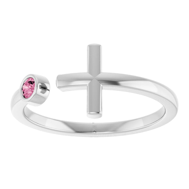 Platinum Round Natural Pink Tourmaline Negative Space Cross Ring - view 13