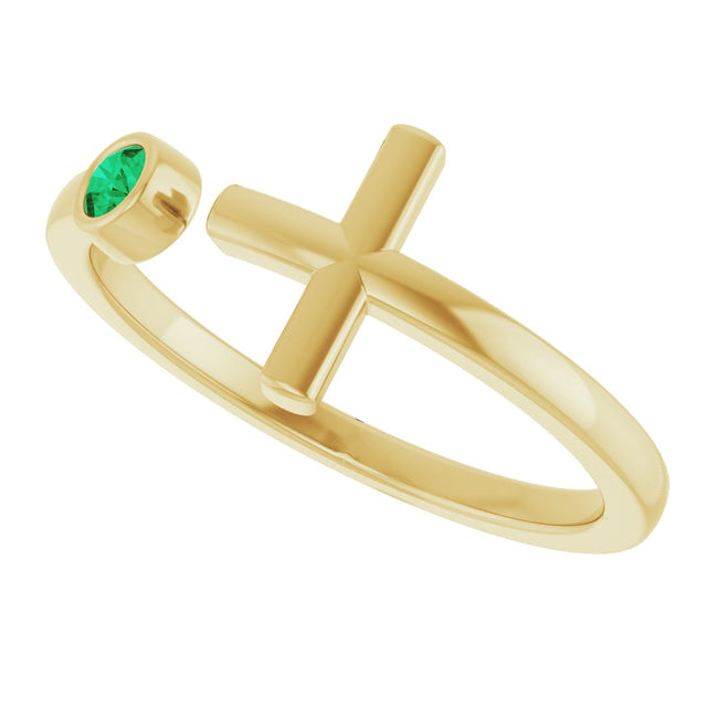 14K Gold Round Natural Emerald Negative Space Cross Ring - Yellow Gold - view 15