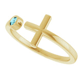 14K Gold Round Natural Blue Zircon Negative Space Cross Ring - Yellow Gold - view 15