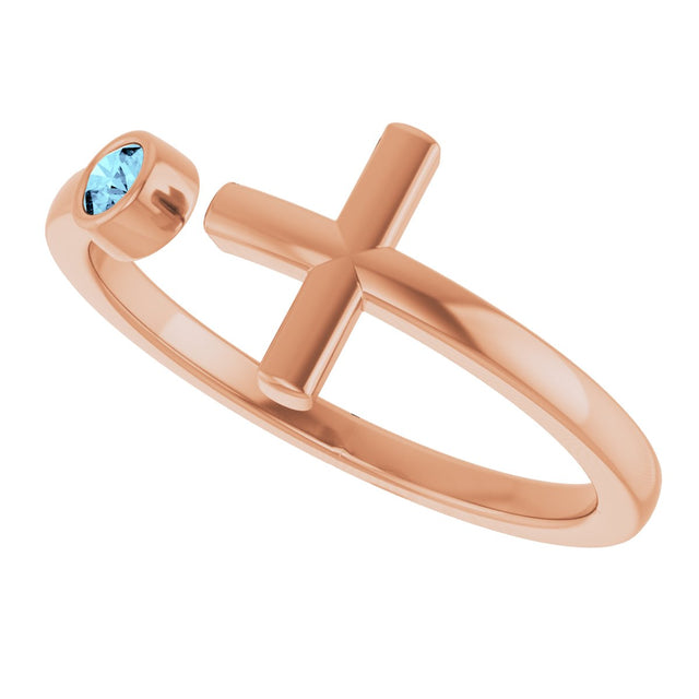 14K Gold Round Natural Aquamarine Negative Space Cross Ring - Rose Gold - view 15