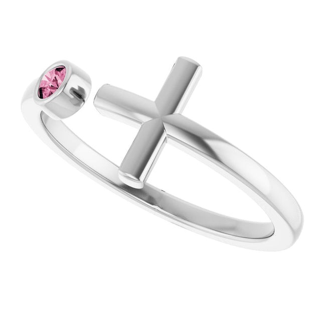 Platinum Round Natural Pink Tourmaline Negative Space Cross Ring - view 15
