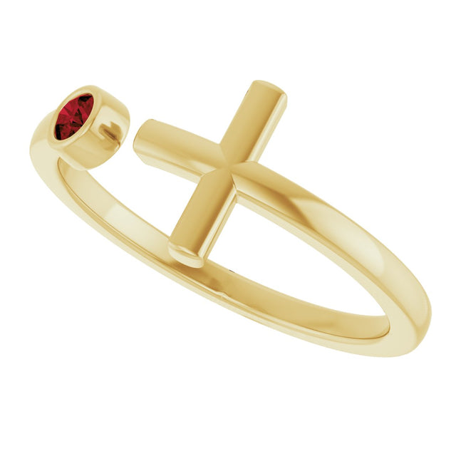 14K Gold Round Natural Mozambique Garnet Negative Space Cross Ring - Yellow Gold - view 15