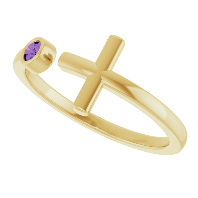 14K Gold Round Natural Amethyst Negative Space Cross Ring - Yellow Gold - view 15