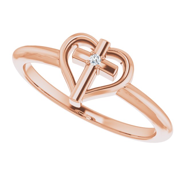 14K Gold Round Natural Diamond Accented Cross & Heart Ring - Rose Gold - view 15