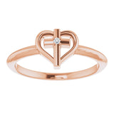14K Gold Round Natural Diamond Accented Cross & Heart Ring - Rose Gold - view 13