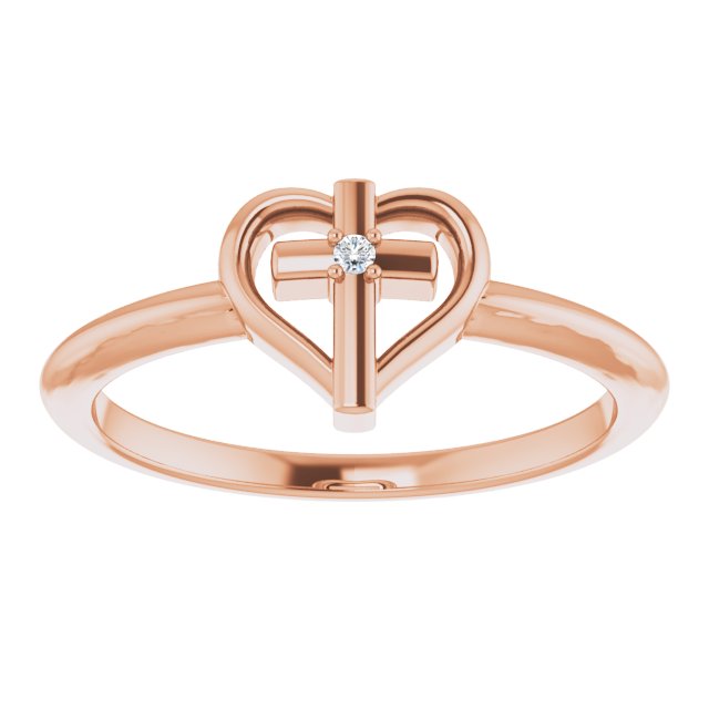 14K Gold Round Natural Diamond Accented Cross & Heart Ring - Rose Gold - view 13