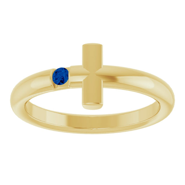 14K Gold Round Natural Blue Sapphire Sideways Cross Ring - Yellow Gold - view 13
