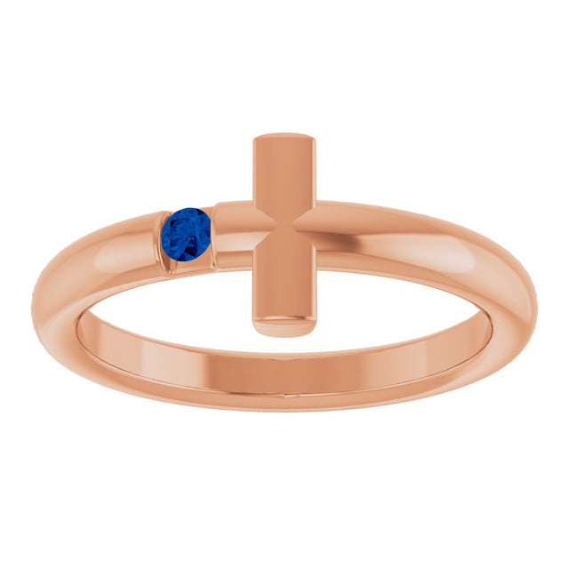14K Gold Round Natural Blue Sapphire Sideways Cross Ring - Rose Gold - view 13