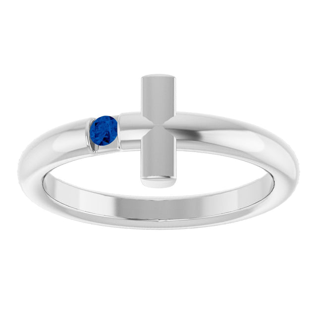 14K Gold Round Natural Blue Sapphire Sideways Cross Ring - White Gold - view 13