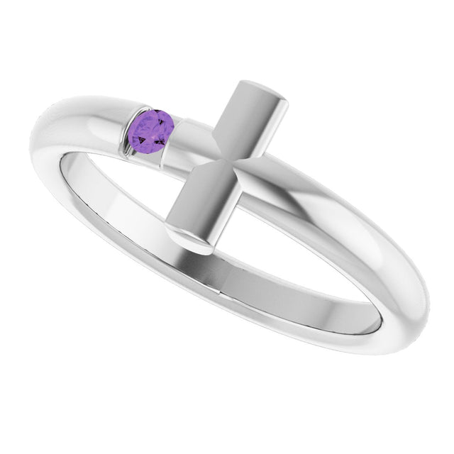 14K Gold Round Natural Amethyst Sideways Cross Ring - White Gold - view 15