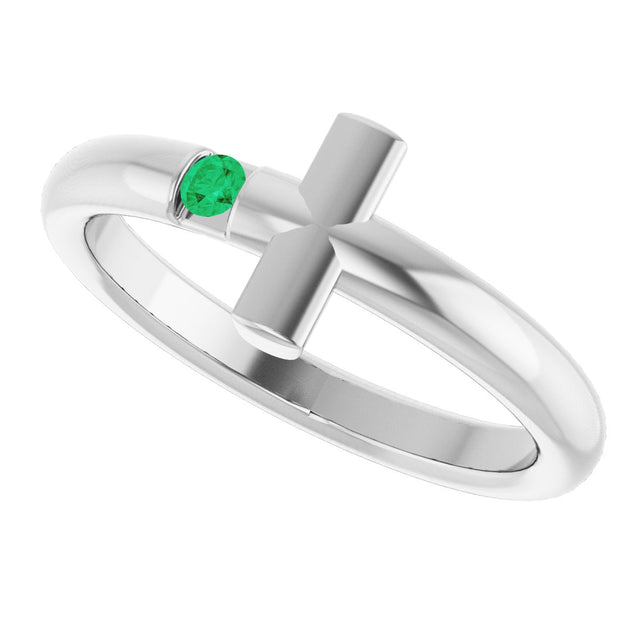 14K Gold Round Natural Emerald Sideways Cross Ring - White Gold - view 15