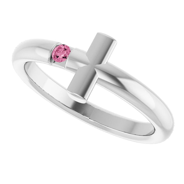 Platinum Round Natural Pink Tourmaline Sideways Cross Ring - view 15