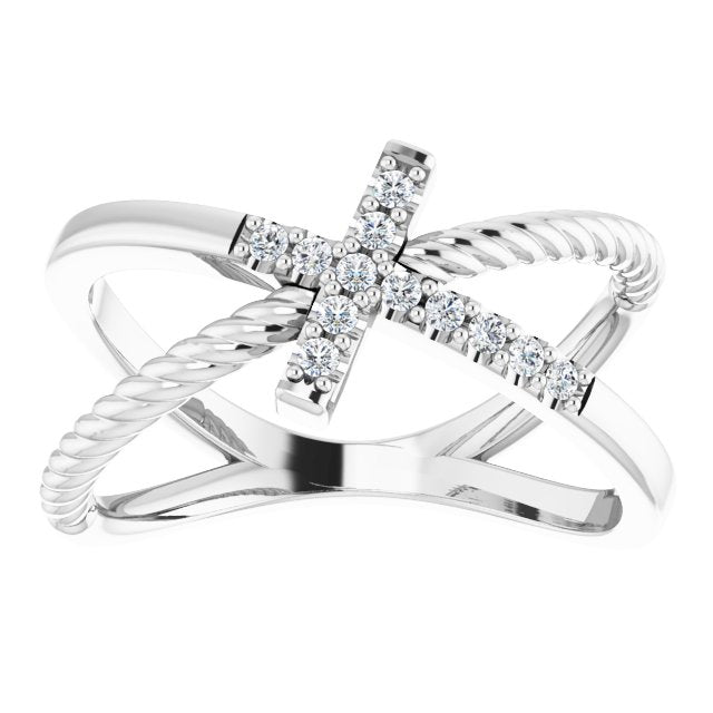 Platinum Round Natural Diamond Accented Cross Rope Ring - view 8