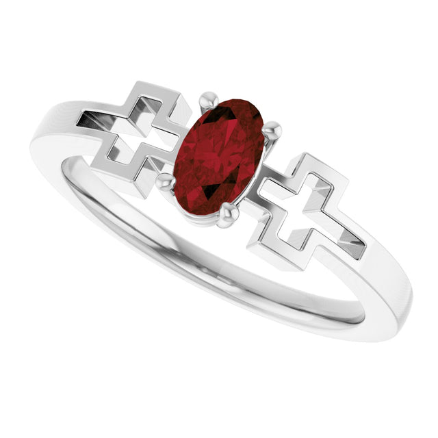 14K Gold Oval Natural Mozambique Garnet Youth Cross Ring - White Gold - view 10