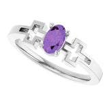 14K Gold Oval Natural Amethyst Youth Cross Ring - White Gold - view 10