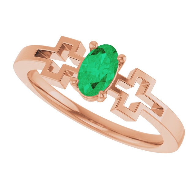 14K Gold Oval Natural Emerald Youth Cross Ring - Rose Gold - view 10