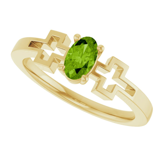 14K Gold Oval Natural Peridot Youth Cross Ring - Yellow Gold - view 10
