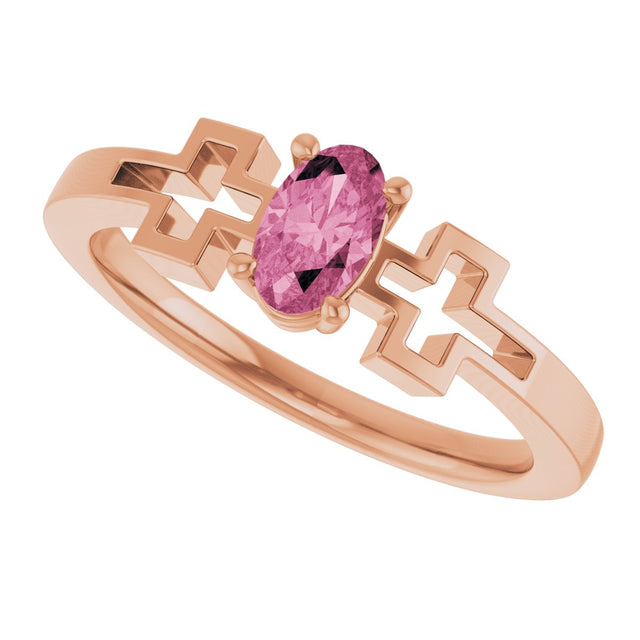 14K Gold Oval Natural Pink Tourmaline Youth Cross Ring - Rose Gold - view 10