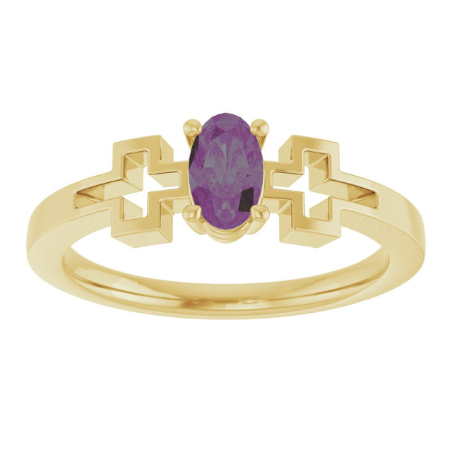 14K Gold Oval Lab-Grown Alexandrite Youth Cross Ring - Yellow Gold - view 8