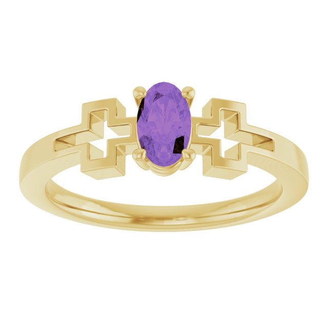 14K Gold Oval Natural Amethyst Youth Cross Ring - Yellow Gold - view 8
