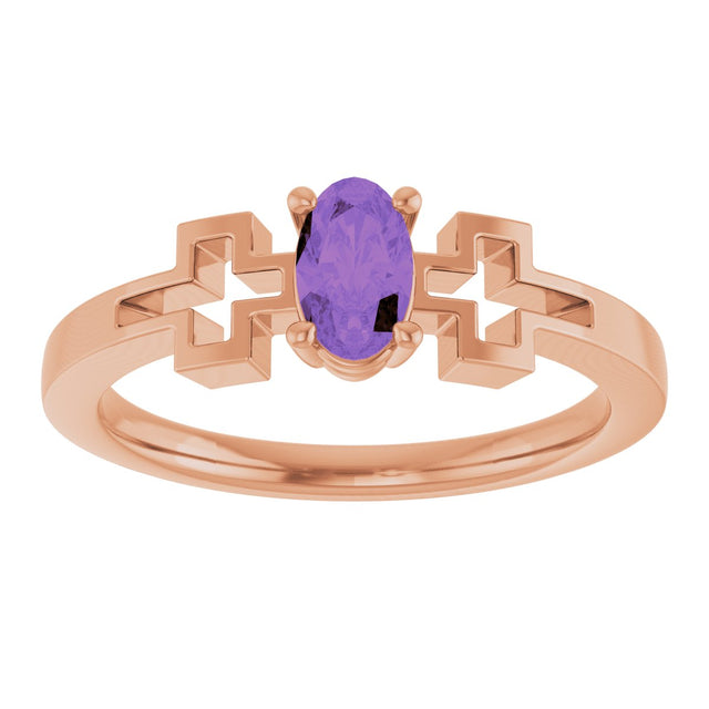 14K Gold Oval Natural Amethyst Youth Cross Ring - Rose Gold - view 8