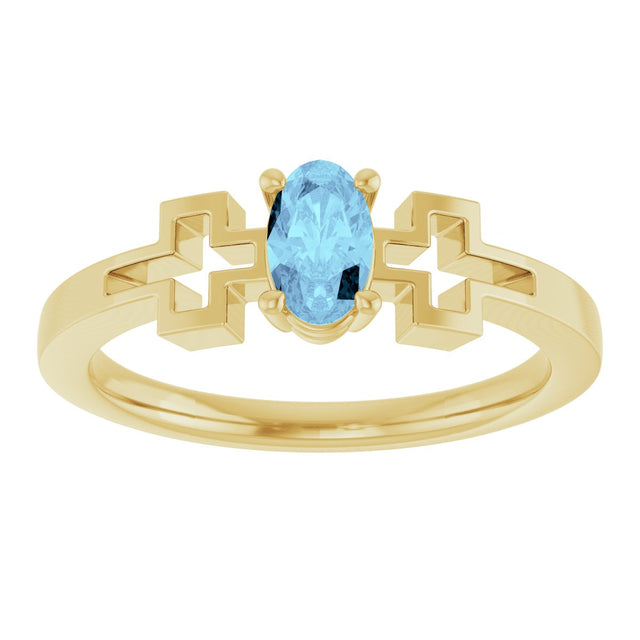 14K Gold Oval Natural Aquamarine Youth Cross Ring - Yellow Gold - view 8