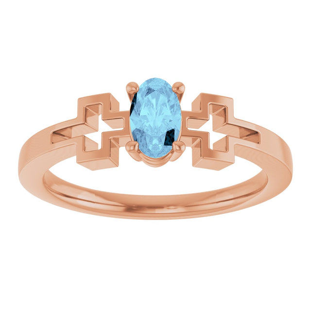 14K Gold Oval Natural Aquamarine Youth Cross Ring - Rose Gold - view 8