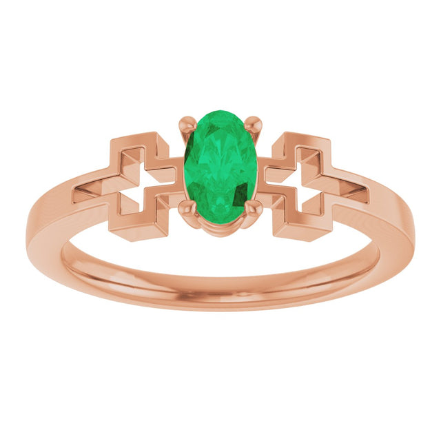 14K Gold Oval Lab-Grown Emerald Youth Cross Ring - Rose Gold - view 8