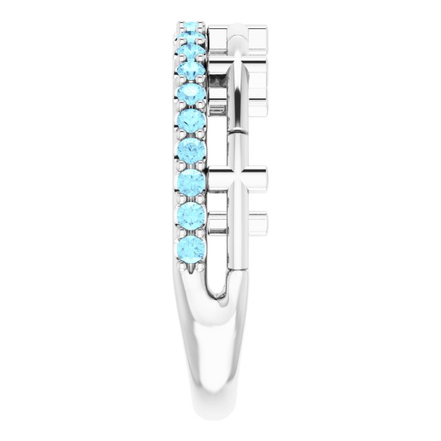 14K Gold Round Natural Aquamarine Stackable Cross Ring - White Gold - view 9
